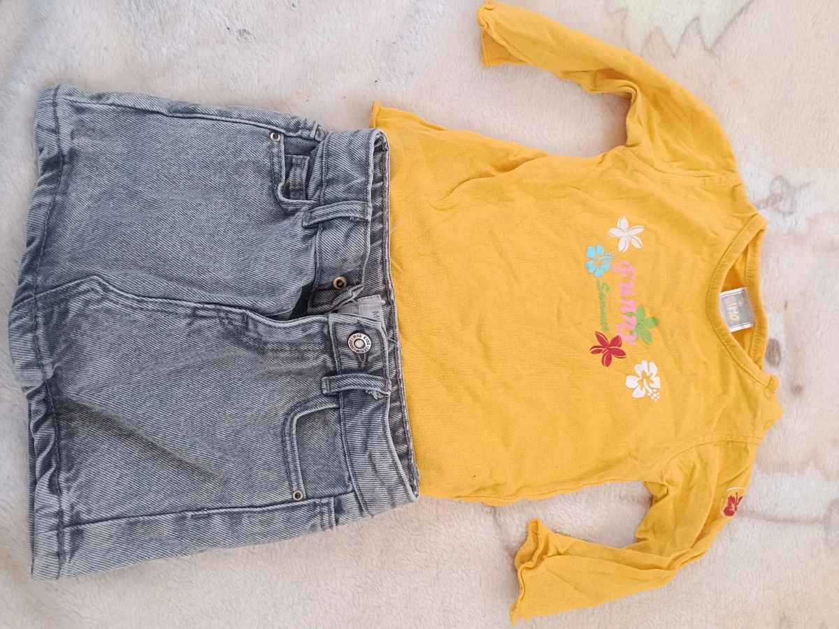 Set bluză galbenă + fustă/pantaloni scurți denim gri, fetițe (MNG)