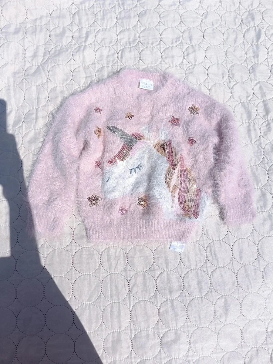 Pulover roz pufos cu unicorn, F&F Kids, 12 - 18 luni