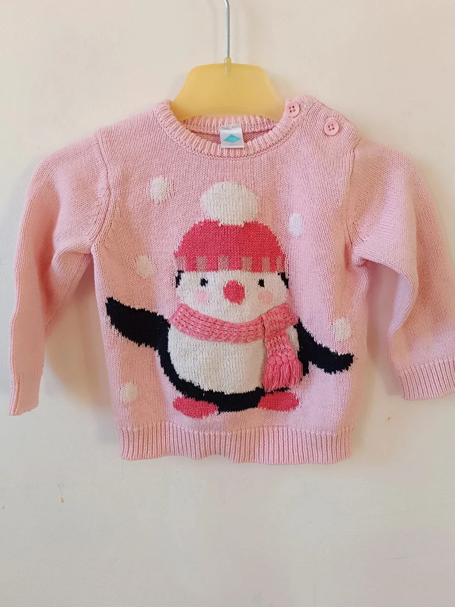 Pulover tricotat roz cu pinguin și ninsori, TEX baby mărimea 12 luni (74 cm)