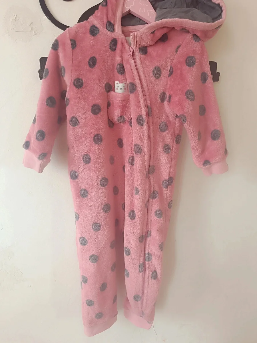Salopetă pufoasă cocolino TEX Baby 23 luni (86 cm) - Roz cu buline și glugă