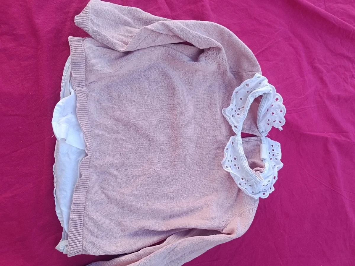 Pulover fetiță H&M 2 în 1, roz pudră, cu guler alb brodat