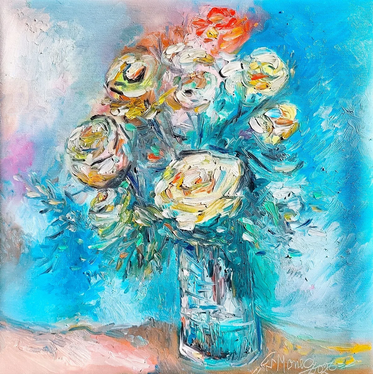 Buchet alb pe fond albastru (1)