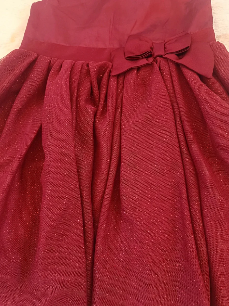 Rochiță elegantă bordo, cu fundă și tul sclipitor - purtată o singură dată! (2)